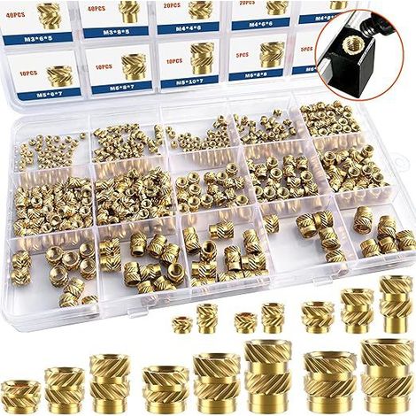 Kit de 330 écrous moletés à insérer, écrous en laiton thermofusible intégrés, kit combiné d'inserts filetés en laiton moulés par injection, adapté aux pièces imprimées en 3D et en plastique. (1/5)