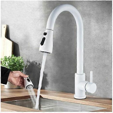 Robinet de cuisine monocommande avec douchette extractible, blanc, robinet de cuisine pivotant à 360° avec 2 modes de jet, mitigeur d'évier monocommande eau chaude/froide disponible. (1/5)