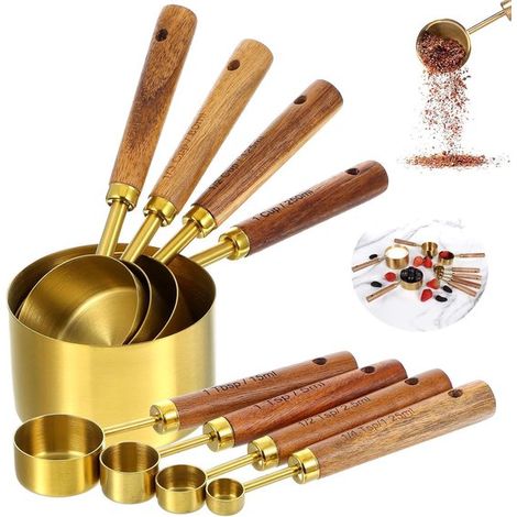 Juego de 8 tazas y cucharas medidoras，mangos de madera，tamaño estadounidense，tazas medidoras de acero inoxidable dorado (1/4)