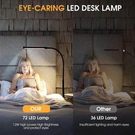 Lampe De Bureau - Clip Flexible 360° - 3 Modes Couleur 2700K/4500K/6500K - 10 Niveaux Luminosité - 800 Lm - Aluminium - USB - 10 W - 1 Pièce (1/5)