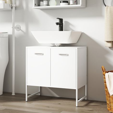 Mobiletto sottolavabo, mobiletto da bagno con 2 ante a chiusura ammortizzata e ripiano regolabile, bianco
