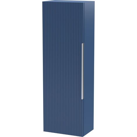 Contemporary Fluted 400mm Tall Wall Hung Bathroom Storage Unit with Single Soft Close Door, Satin Blue