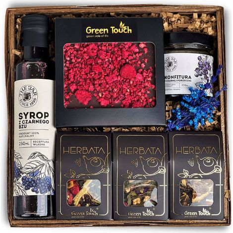 Elegante cesto regalo, servizio da tè, sciroppo, marmellata, cioccolato (1/5)