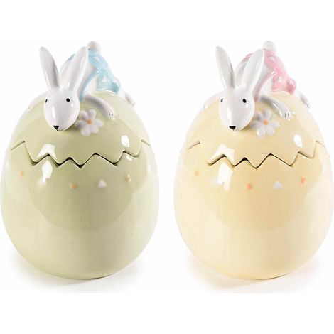Barattoli / biscottiera / contenitore pasquale per alimenti a uovo in ceramica con coniglietto e fiore, set da 2 pezzi, Ø 11,5 cm x 16 H