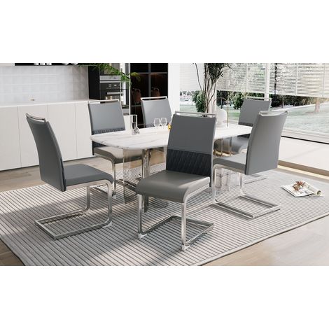 Lot de 4 chaises modernes de salle à manger,dossier PU et simili cuir à rayures croisées,rembourrées,pour cuisine et bureau d’invités,gris.