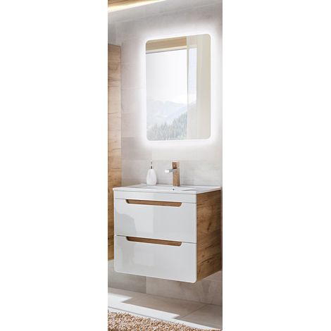 Badezimmer Waschplatz Set in Hochglanz weiß LUTON-56 61 cm Waschtisch & LED-Spiegel, B/H/T ca. 61/200/46 cm (1/5)