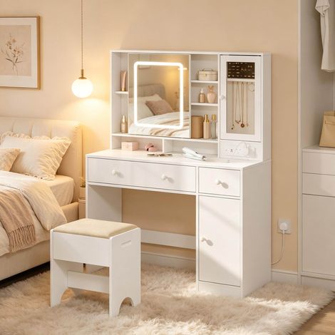 Mueble tocador con espejo LED, cajones y taburete OKMYHOME (1/5)