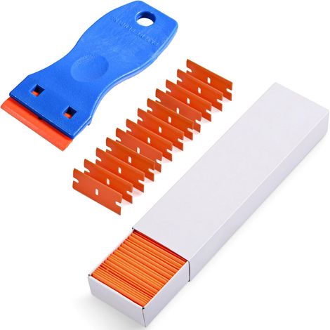 Raschietti, raschietto per vetro, raschietto per piano cottura in ceramica con 100 raschietti in plastica, per rimuovere etichette, colla, vernice, adesivi e decalcomanie, blu (1/5)