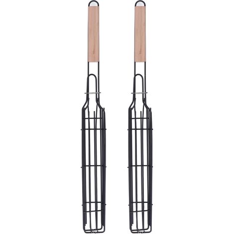 Lot de 2 paniers à saucisses en acier inoxydable, tubes de cuisson pour légumes et barbecues en extérieur avec poignée en bois. (1/5)