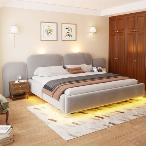 Cama tapizada de 180 x 200 cm, con almacenamiento hidráulico, tira de luz LED, puerto de carga, cabecero único, voluminoso y cómodo, somier de láminas estable, tapizada en tela de terciopelo gris. (1/5)