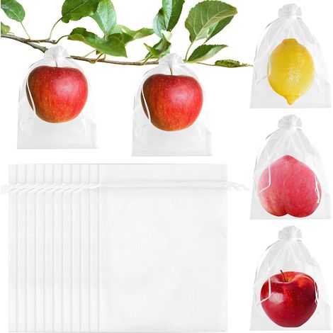 Lot de 60 sacs de protection réutilisables en maille avec cordon de serrage pour arbres fruitiers, 15,2 x 20,3 cm, blanc
