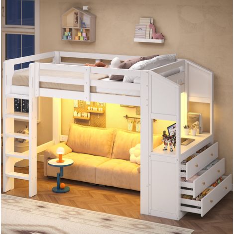 Cama alta 90x200 con 3 cajones, estantes y LED, blanca DESVIAE (1/5)