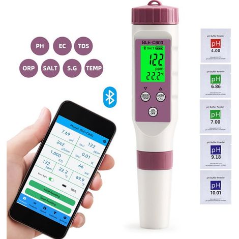 Misuratore di pH digitale, 7 in 1 Bluetooth pH, TDS, EC, ORP, SG Penna tester per salinità e temperatura 0,01 Alta precisione per uso domestico, Hyd (1/5)