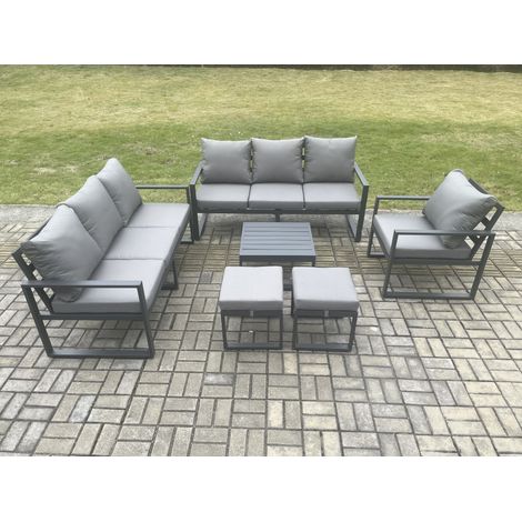 Fimous Aluminium 9 Seater Outdoor Garden Furniture Lounge Sofa Set with Square Coffee Table Chair 2 Small Footstools Dark Grey (1/5)