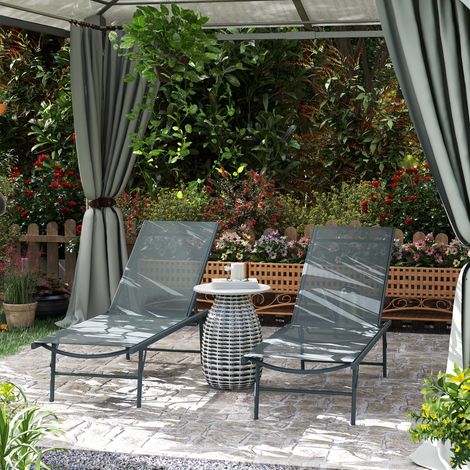 Lot de 2 bain de soleil chaise longue pliante textilène transat jardin extérieur inclinable 54 x 164 x 84 cm gris clair (1/5)