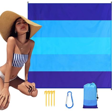 Couverture de pique-nique de plage, très grande taille (200 x 210 cm), imperméable et à séchage rapide, tapis de voyage anti-sable, idéale pour le camping, la plage, les festivals, la randonnée, bleue (1/5)