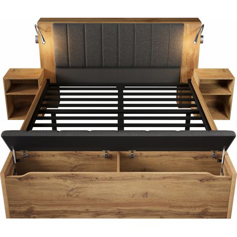 CAIziLit bois 160x200 chêne, tête pliable lin, chevet USB, banc rangement (1/5)