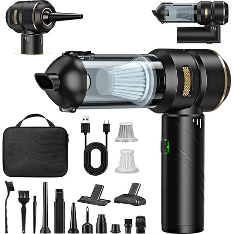 Aspirateur à Main sans Fil 4 en 1, Puissant, 28000 PA, 3 Vitesses 240 000 TR/Min, Aspirateur pour Voiture, Cuisine, PC, canapé, Bureau, Maison et Nettoyage des Poils d'animaux (Jaune doré) (1/5)