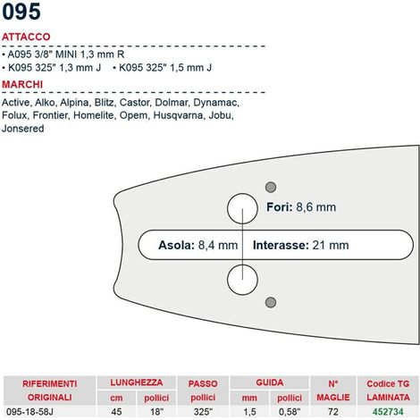 Barra motosega 45 cm - 18" passo .325" Spessore 1.5 mm - .058" attacco 095 - 452734