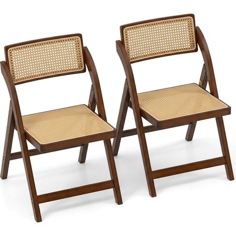 COSTWAY Chaise Pliante Bois Lot de 2, Siège en Rotin PP (Noyer,2) (1/5)