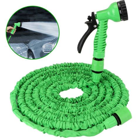 Tuyau de jardin extensible 7,5m bleu avec pistolet d'arrosage vert, lance à jet réglable, gaine souple et résistante, pour l'arrosage des plantes et espaces verts. (1/5)