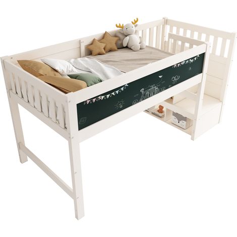 (=AB20272526W)Lit mezzanine enfant avec tableau blanc et ardoise, rangement et barrière anti-chute 90 x 200 cm, blanc – sommier à lattes – blanc (sans matelas)