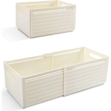 Lot de 2 Boite de Rangement Plastique Extensibles avec Poignée, Caisse Bac Eangement Pliable Cuisine, Chambre, Salle de Bain, Bureau (Blanc Cassé) (1/4)