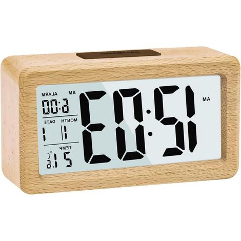 Sveglia digitale, sveglia in legno con moduli sensore, orologio da tavolo con ampio display, visualizzazione di data e temperatura, luce notturna, orologio digitale con moduli snooze, per camera da le (1/4)
