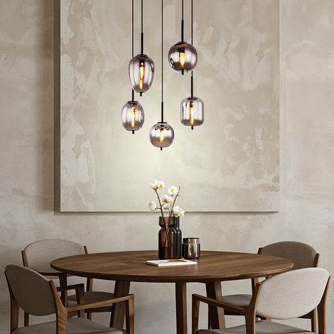 Pendellampe Esstischleuchte Rauchglas Hängelampe Wohnzimmerleuchte 5 flammig, Metall schwarz, 5x E14, DxH 57,5x150 cm