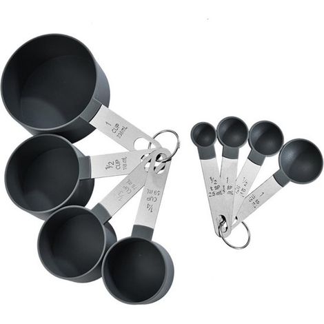 Set complet de 8 tasses et cuillères à mesurer – Plastique et acier inoxydable – Graduations en grammes et ml – Noir (1/5)