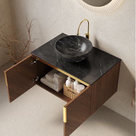 Mueble lave-mains suspendido de piedra sinterizada y cerámica negro y roble marrón, 76 cm, 2 puertas (1/5)