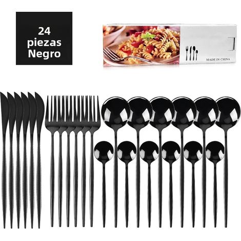 (Noir) Ensemble de couverts en acier inoxydable 24 pièces, comprenant un couteau, une cuillère, une fourchette et des couverts argentés de style occidental. (1/5)