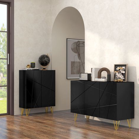 Noir et or - Armoire de rangement avec 2 armoires et étagère réglable à 3 niveaux, buffet moderne avec pieds métalliques, 120x40x75 cm