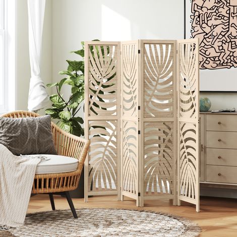 Paravent interieur en bois 4 panneaux 160 x 170 cm. pliable et portable. motif de feuille. design amovible. bois naturel