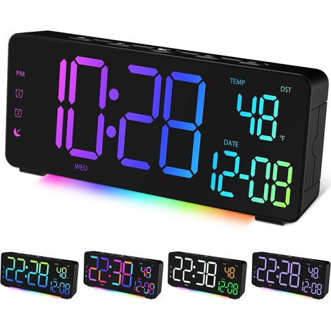 Réveil Numérique RGB LED Alarm Réveil avec Température, Grand Écran,Chargeur port USB,12/24H,Snooze,Éclairage d'ambiance RGB,Double Alarme,Date, Heure d'été/d'hiver,Réveil pour Chambre à Coucher,Noir (1/5)