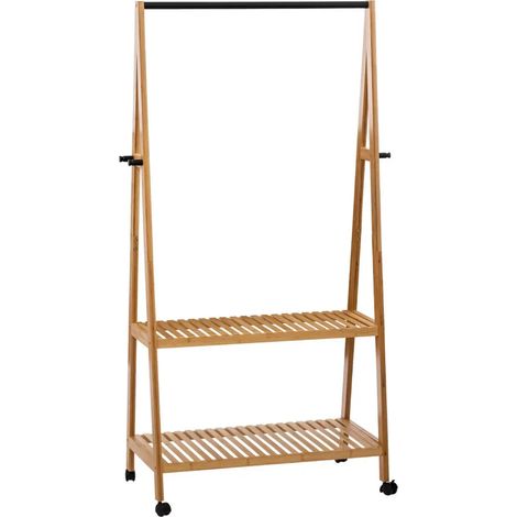 Porte-vêtements sur roulettes en bambou coloris naturel - Longueur 180 x Profondeur 43 x Hauteur 163 cm -PEGANE- (1/3)