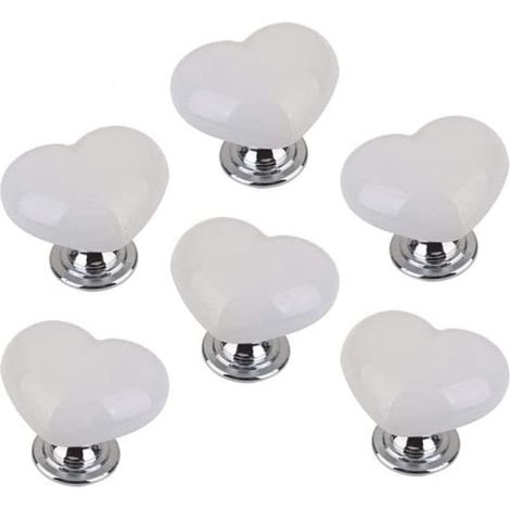 Lot de 6 boutons de tiroir en céramique cœur vintage blanc pour commode, cuisine, armoire, chambre. (1/5)