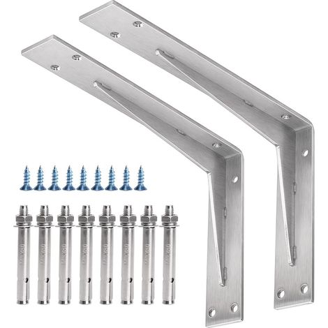 Lot de 2 supports de comptoir 300 x 200 x 50 mm, 5 mm d'épaisseur, support mural en acier inoxydable pour étagère ouverte, avec chevilles murales en métal et vis (1/5)