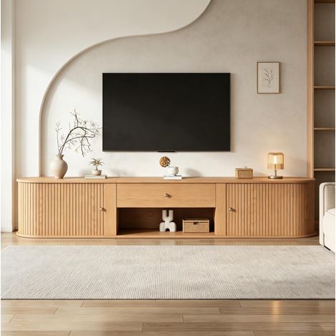 Mobile TV 180x40x40 cm con ante scorrevoli, cassetto e vano aperto, per TV fino a 75 pollici, struttura in MDF - naturale (1/5)
