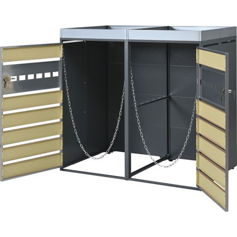 Armoire de rangement pour poubelles avec bac à plantes, acier galvanisé, deux portes verrouillables, extérieur, aspect bois (1/5)