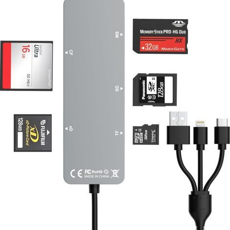 Lecteur de cartes 5-en-1 USB-C, USB-A et Lightning pour SD, MicroSD, CF, MS, XD, compatible UHS-I (1/5)