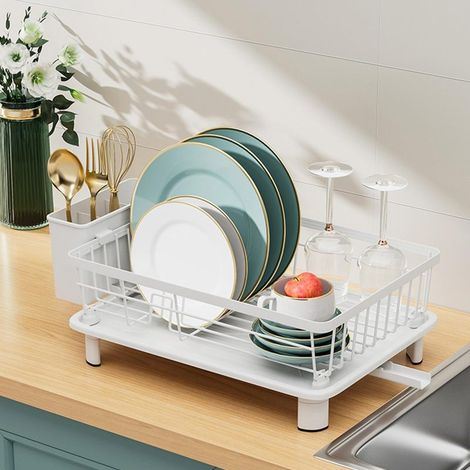 Égouttoir de cuisine petit format (avec compartiment de rangement pour la vaisselle) blanc