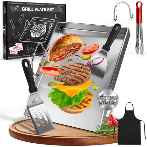 Plancha Baking Tray 40 x 30 cm, Thick Stainless Steel Grill with 2 Barbecue Spatulas with Removable Handle, Suitable for Gas and Charcoal Barbecues (Three Sides) (1/5)