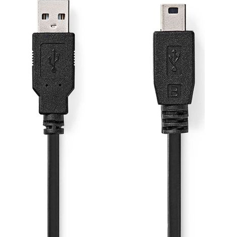 Cable USB  USB 2.0  USB-A macho  USB Mini-B de 5 pines macho  480Mbps  Niquelado  1,00m  Redondo  PVC  Negro  Etiqueta