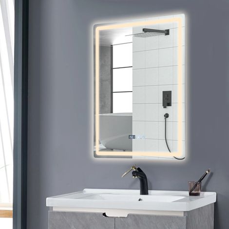 Specchio da bagno illuminato a LED, specchio da trucco a parete con illuminazione a LED e controllo touch, funzione antiappannamento, regolazione della luce tricolore, 50x70 cm