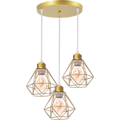– Suspension luminaire industrielle 16cm – Cage diamant 3 lumières doré – Câble ajustable 100cm – Pour salons, cafés, chambres (1/5)