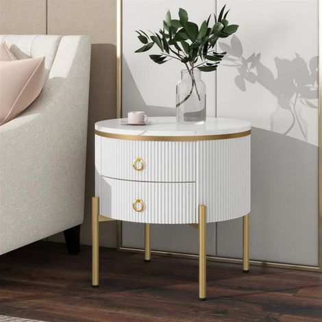 Table d'appoint ronde blanche en marbre avec tiroirs et pieds dorés réglables Ø50 x H51 cm