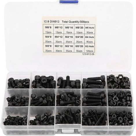 500-teiliges Innensechskantschrauben-Set, schwarz, mit Kegelkopfmuttern, Kombinationsbox, rostfrei, M3, M4, M5
