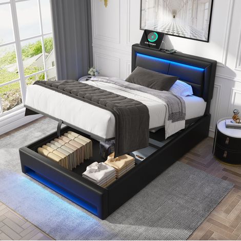 MEUBLIV Polsterbett 90x200 cm schwarz – Bettgestell mit USB, LED und Stauraum, ohne Matratze (1/5)