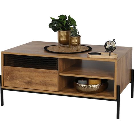 Couchtisch im rustikalen Stil, Kollektion HELIAS – Farbe dunkle Eiche, Beine aus schwarzem Metall, Maße 60x49x110 cm (1/2)